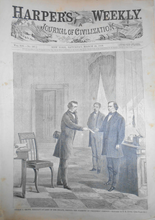 President Andrew Johnson served with Impeachment Summons by George T Brown, 1868