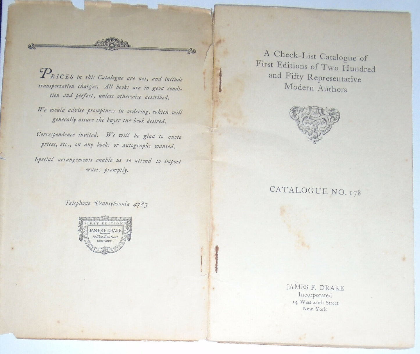 1926 James F. Drake : A Check-list Catalogue Of First Editions - No. 178