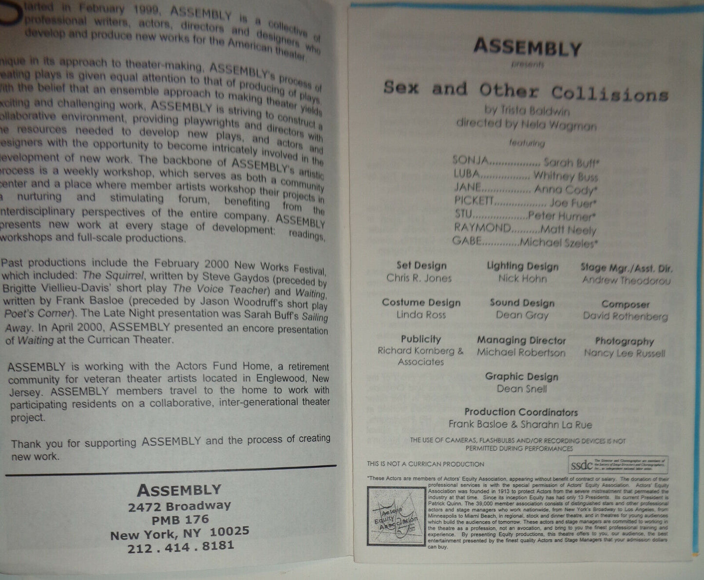 Sex and Other Collisions by Trista Baldwin - Program - 2001 Currican Theater NYC