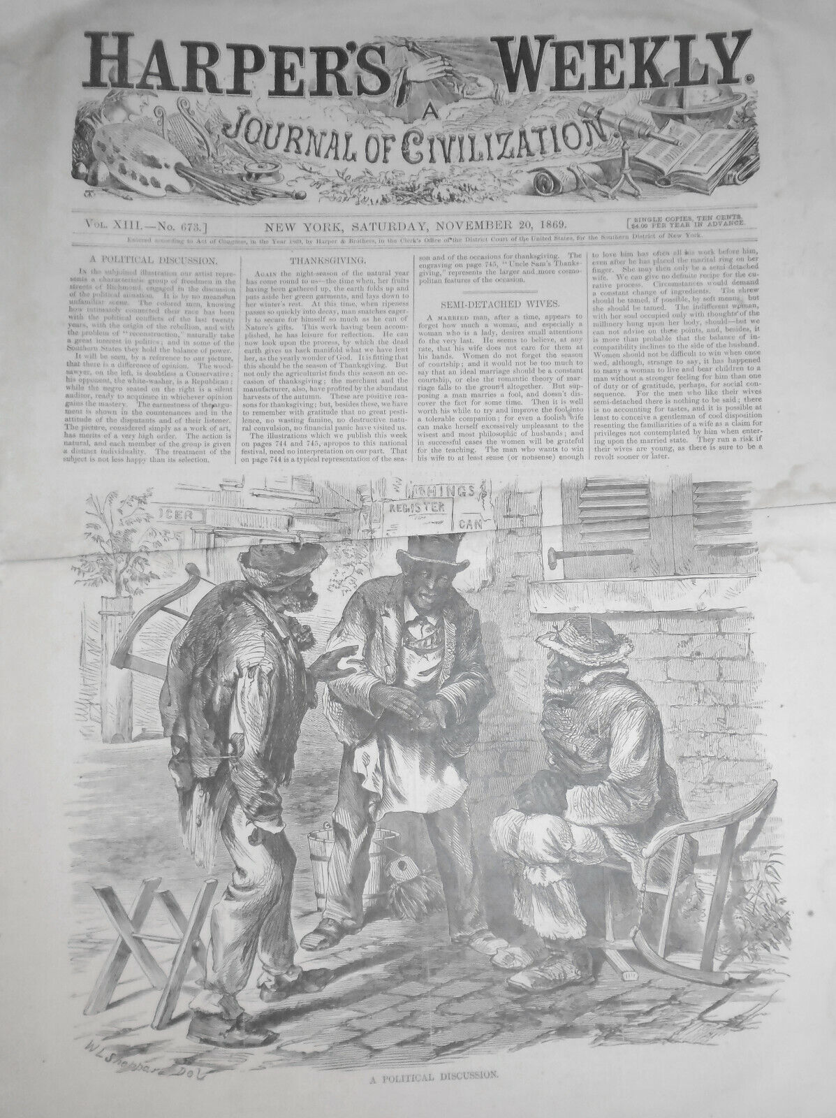 1869 Harper's Weekly: Political Discussion (Blacks); Uncle Sam's Thanksgiving