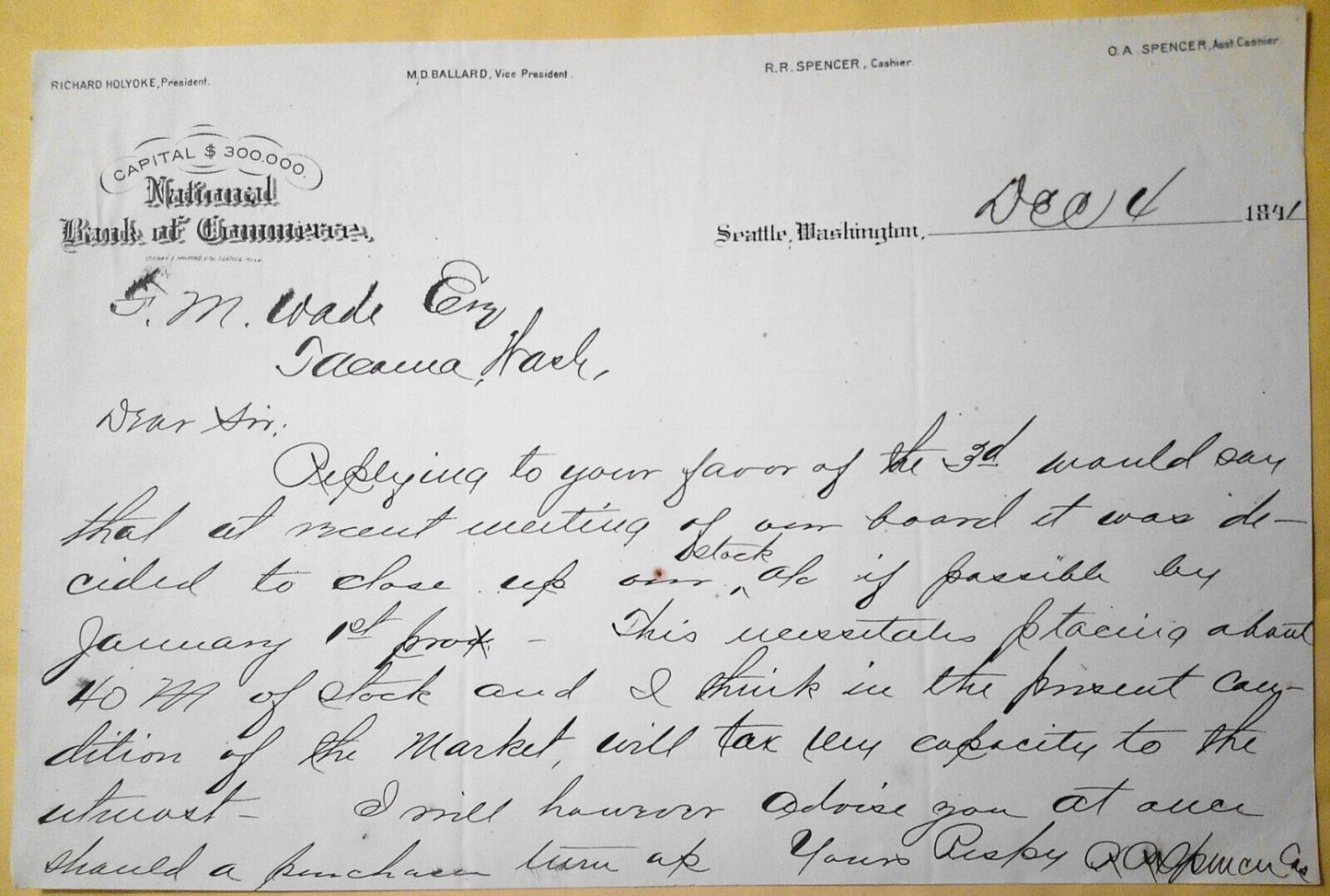 1891  National Bank of Commerce, Seattle, Washington - note on letterhead