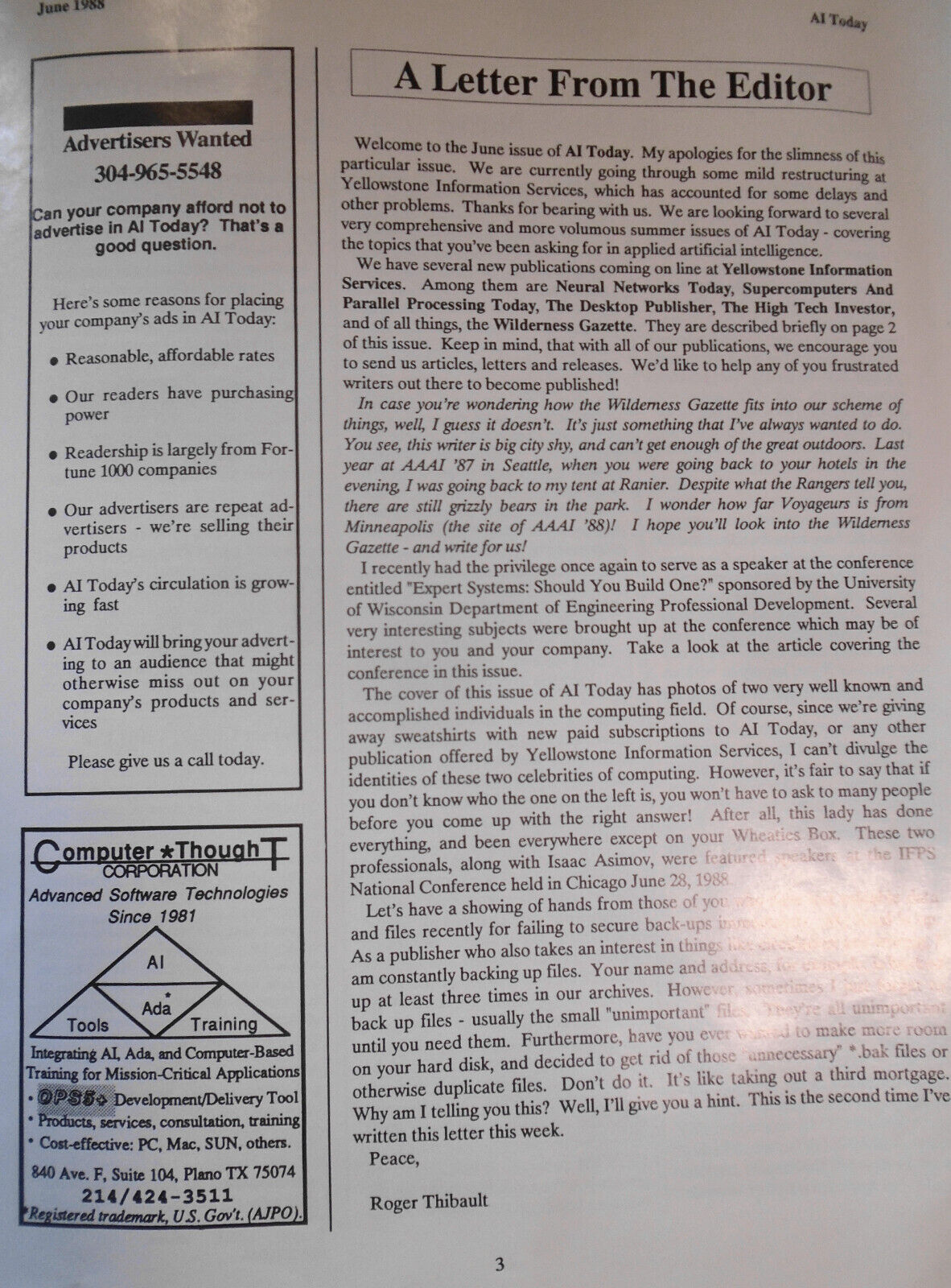 AI Today June 1988. Artificial intelligence, expert systems, natural language...