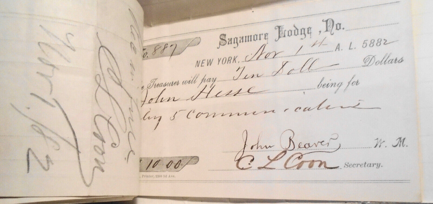 1882 Twenty-four original handwritten receipts - Masonic Sagamore Lodge New York