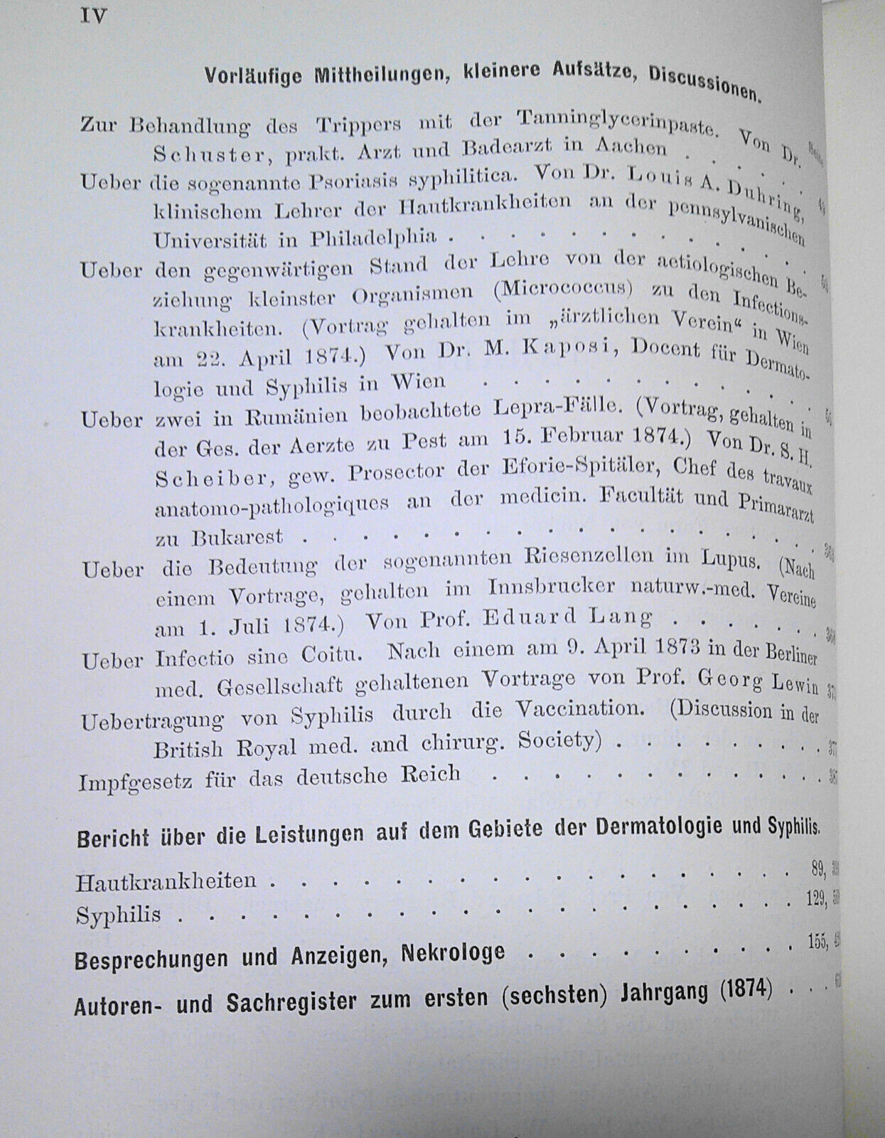 Vierteljahresschrift Fur Dermatologie Und Syphilis. I  Jahrang 1874 Viertes Heft