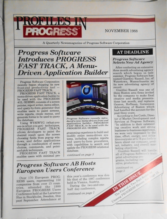 Profiles in Progress, November 1988. Quarterly Newsmagazine of Progress Software