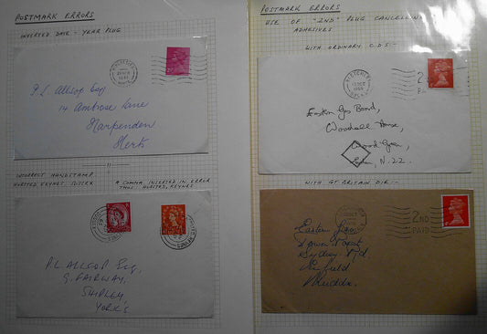 Postmark errors on 4 UK envelopes.