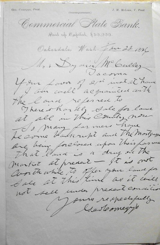 1896 Commercial State Bank, Oakesdale, Washington - Note on the poor land market