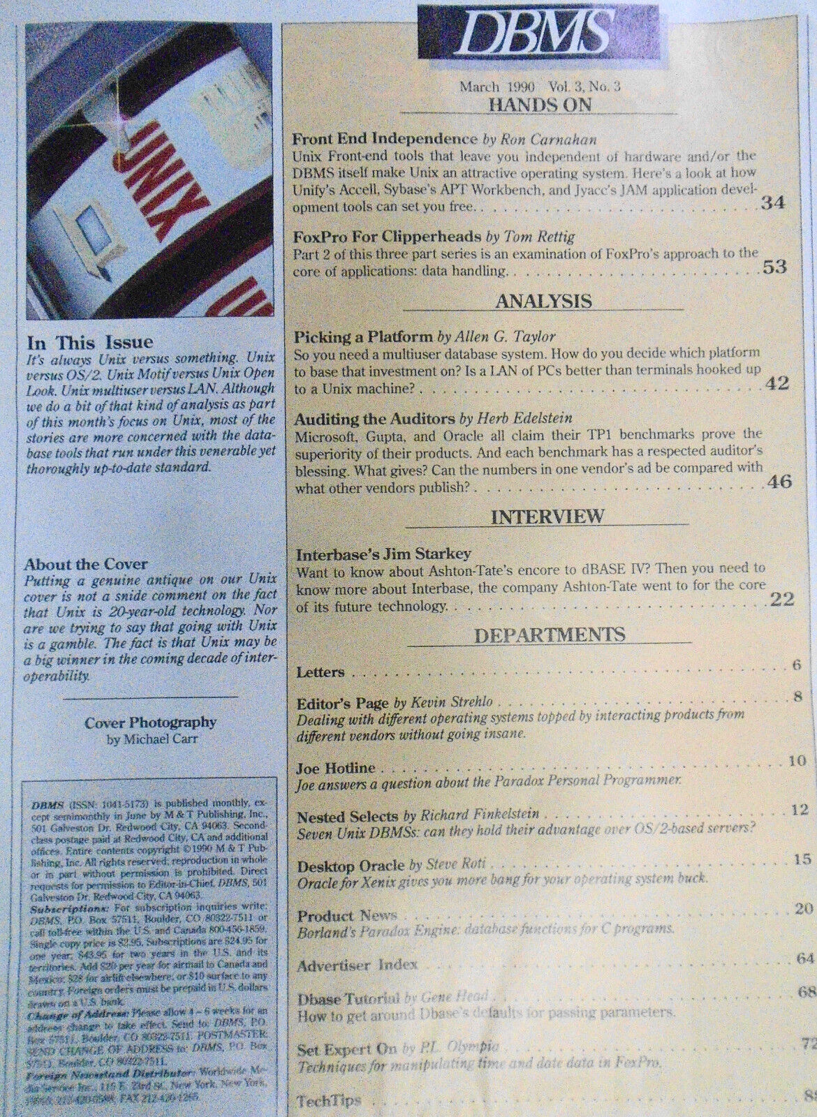 DBMS Magazine, March 1990 - Winning with UNIX - 7 DBMSs compared; FoxPro; etc.
