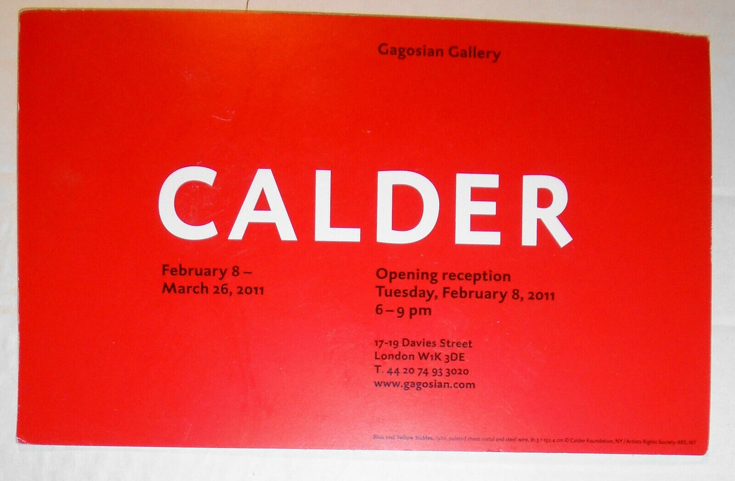 Alexander Calder Opening Reception Invitation Card. Gagosian Gallery London 2011