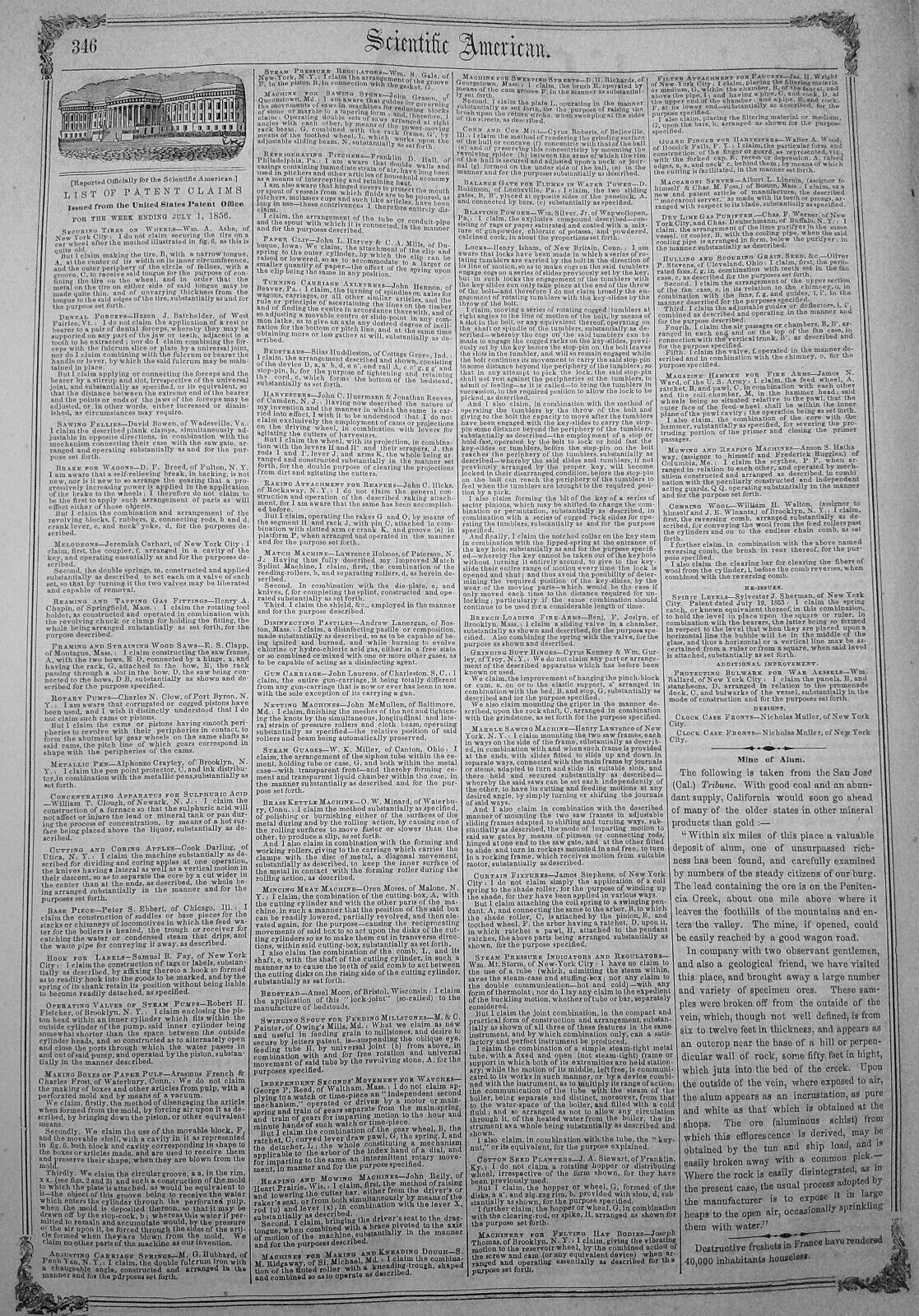 Scientific American, July 12, 1856. Corn planter; oscillating engines; gold etc