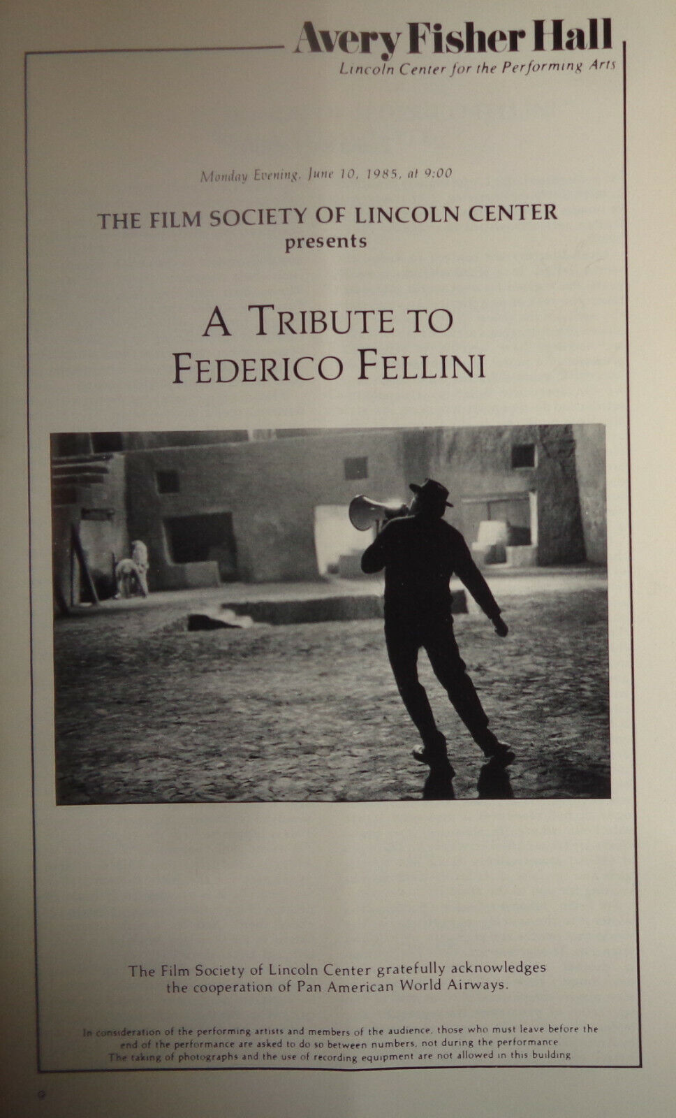 A TRIBUTE TO FEDERICO FELLINI - STAGEBILL - Lincoln Center June 10, 1985