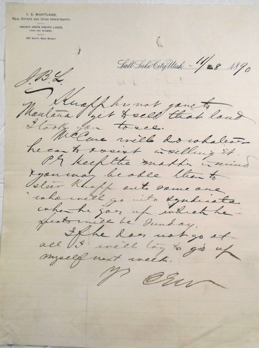 1890 C E Wantland, Real Estate Investments Salt Lake City, Utah. Original letter