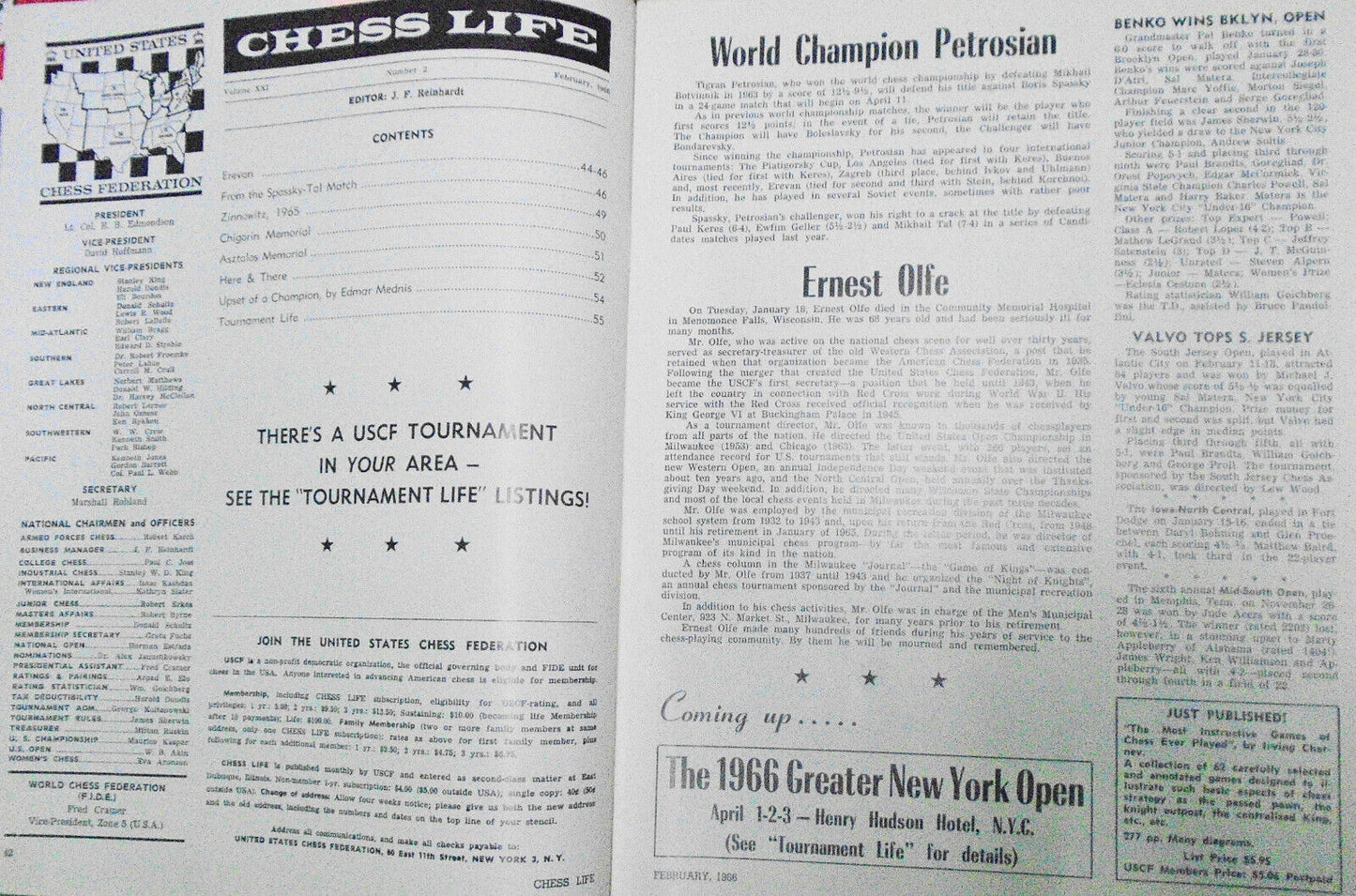 Chess Life, February 1966 -  Petrosian; Spassky-Tal match, Erevan 1965, etc..