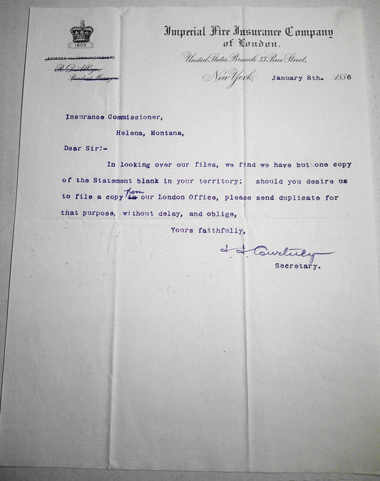 1886 Imperial Fire Insurance Company of London Letterhead New York branch letter