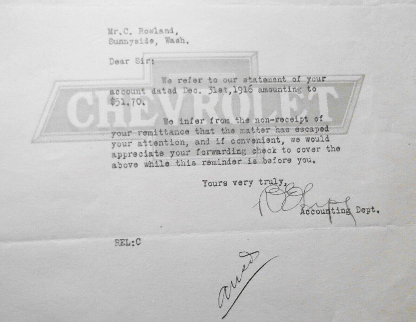 1917 Chevrolet Motor Company of California - Letterhead with bill reminder note