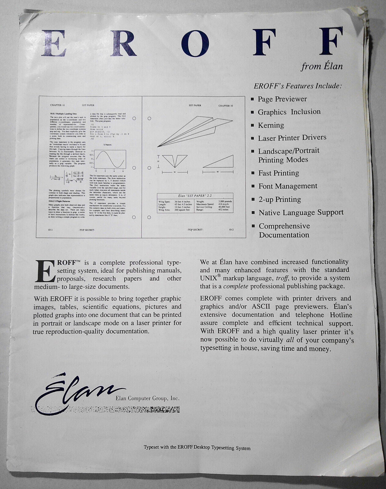 Eroff, by Elan Computer Group. 1989 UNIX Typesetting system Descriptive brochure