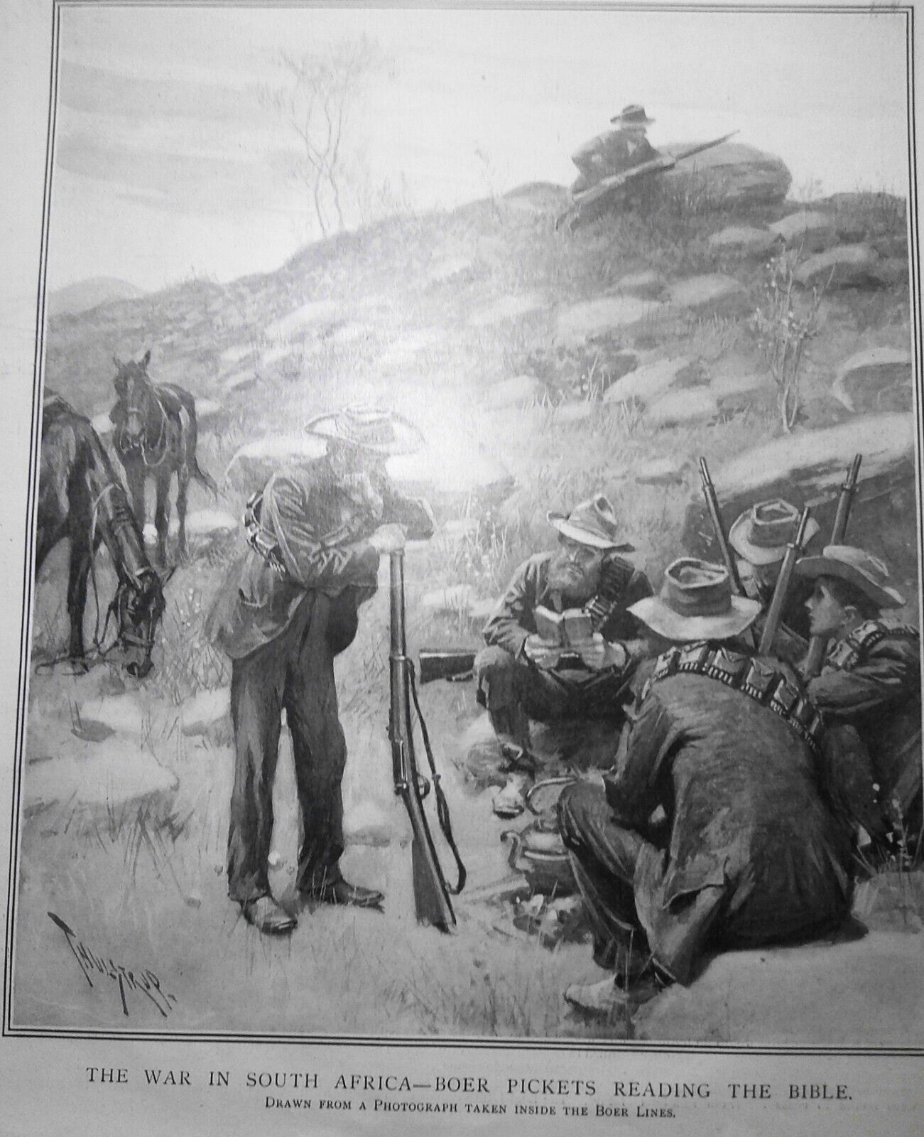 The War in South Africa - Boer Pickets Reading the Bible - Harper's Weekly, 1900