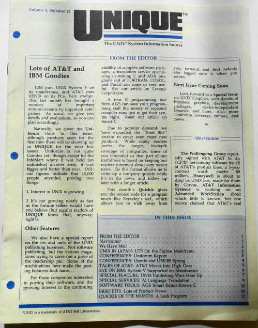 UNIQUE,  Vol. 3, No.  12, 1985 - The UNIX System Information Source