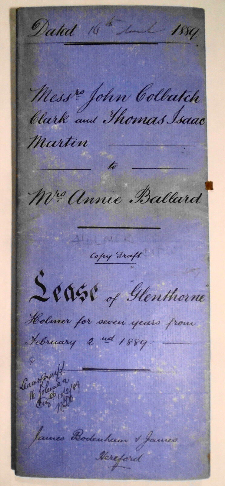 1889 Lease indenture. Hereford, England. Clark and Martin to Mrs. Annie Ballard.