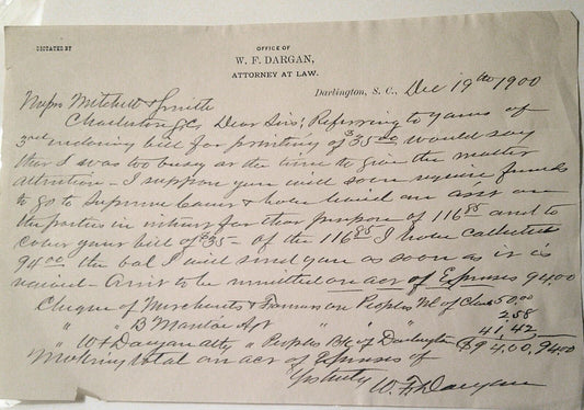 1900 legal letter - W. F. Dargan, Attorney at law, Darlington, South Carolina