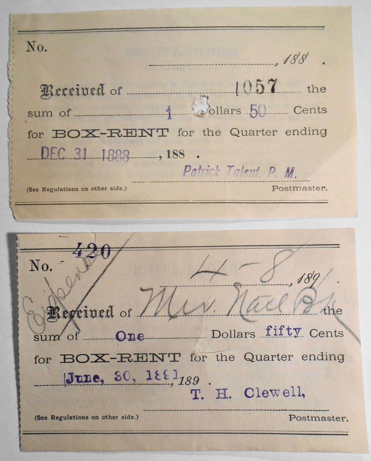 Two Post Office Box-Rent receipts 1888, 1891 - Butte, Montana