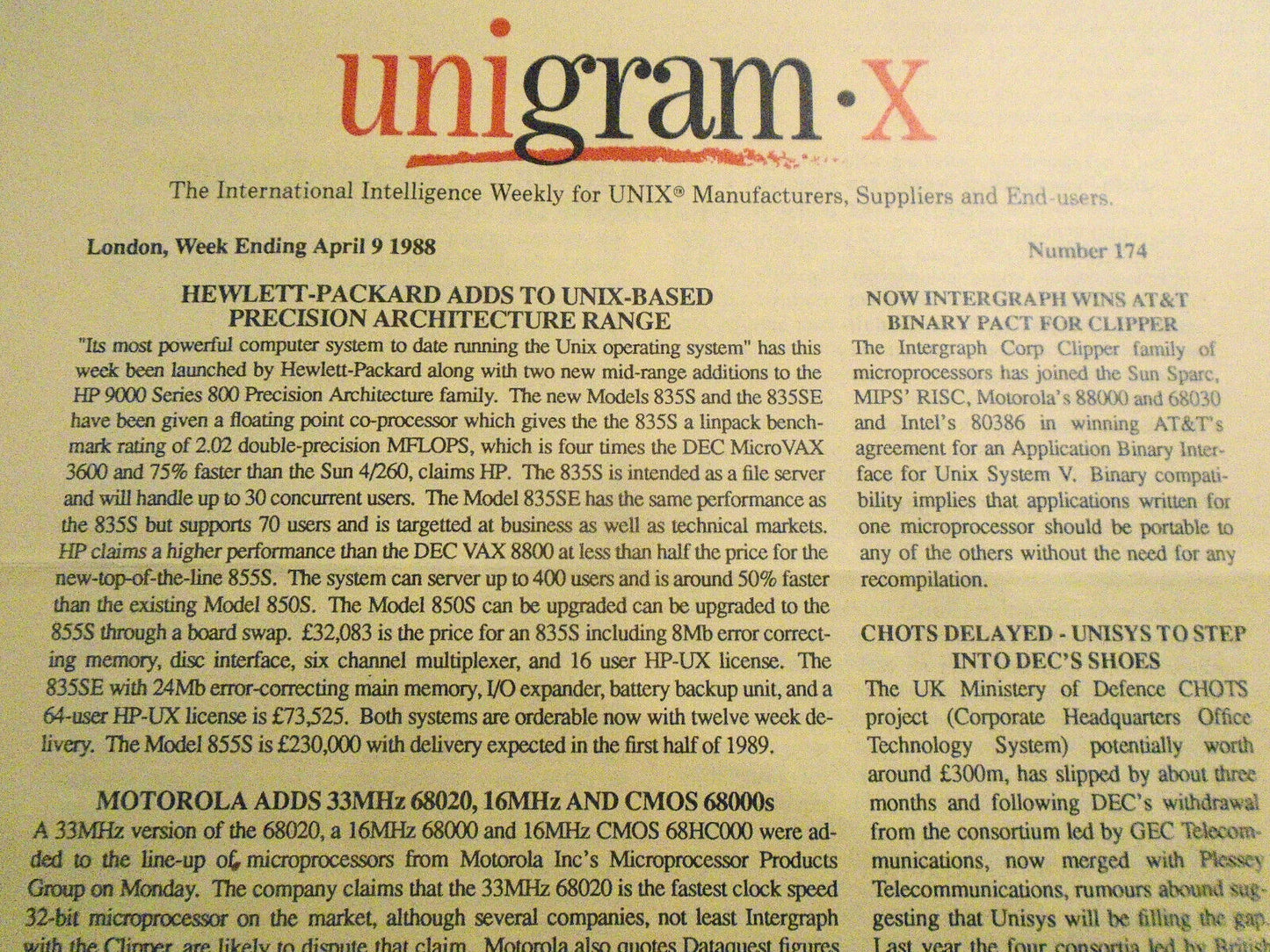 Unigram-X, #174 - April 9, 1988 - London weekly for UNIX manufacturers, et al