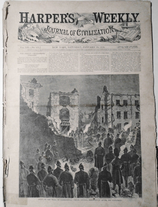 Harper's Weekly Jan 18, 1868 - Original - Clerkenwell Prison Explosion; Icebergs