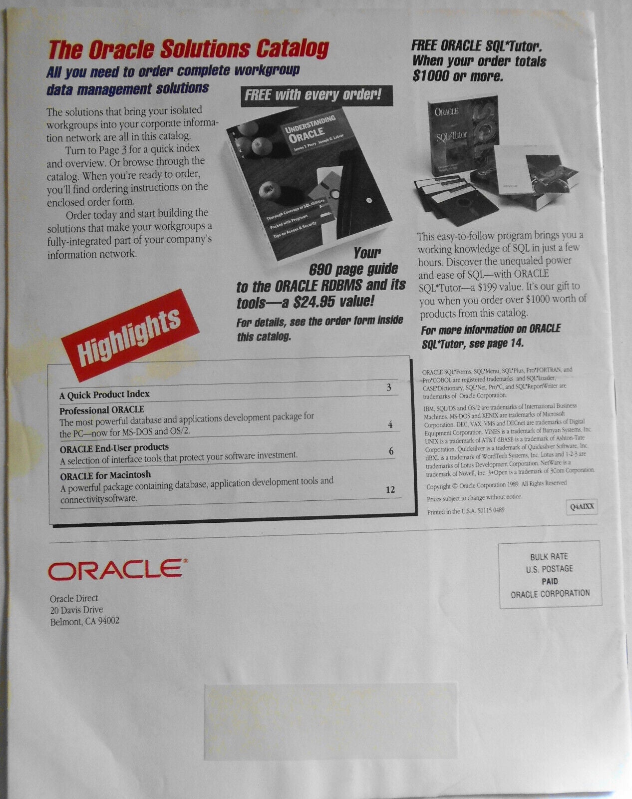 Oracle Solutions Catalog, Spring/Summer 1989. By Oracle Corporation. [Database].