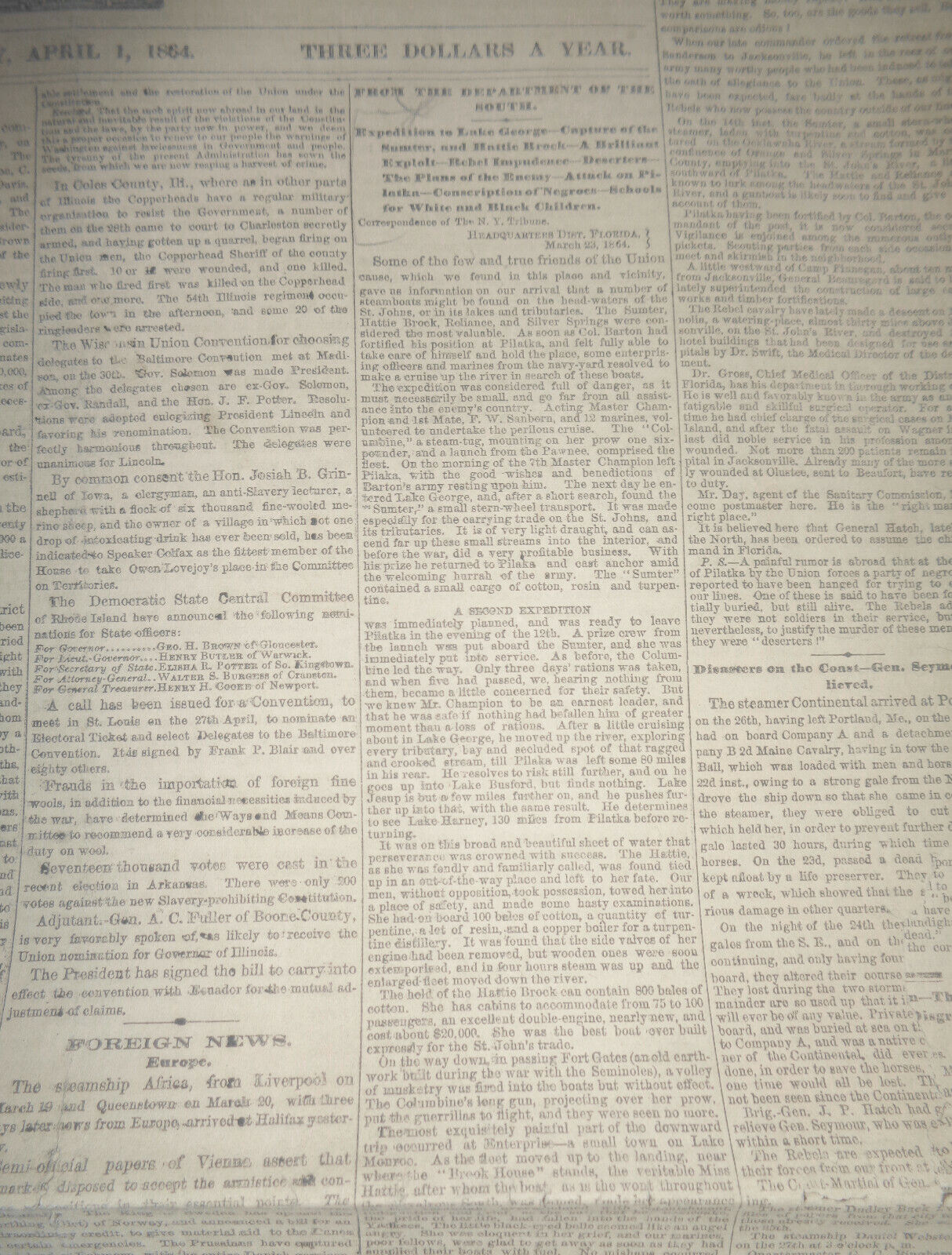 NEW YORK TRIBUNE - APRIL 1, 1864 - Civil War- Enlistment of Negro Troops.