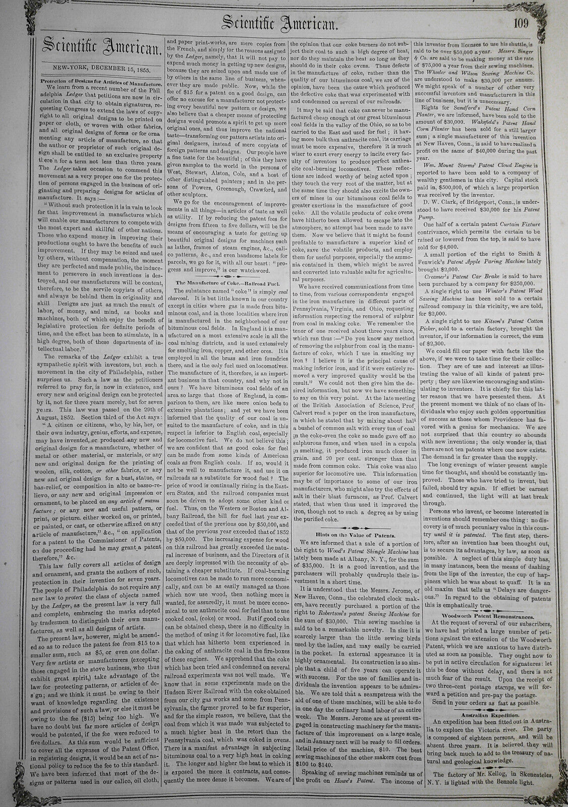 Scientific American, December 15, 1855. Drilling and Boring Machine, etc