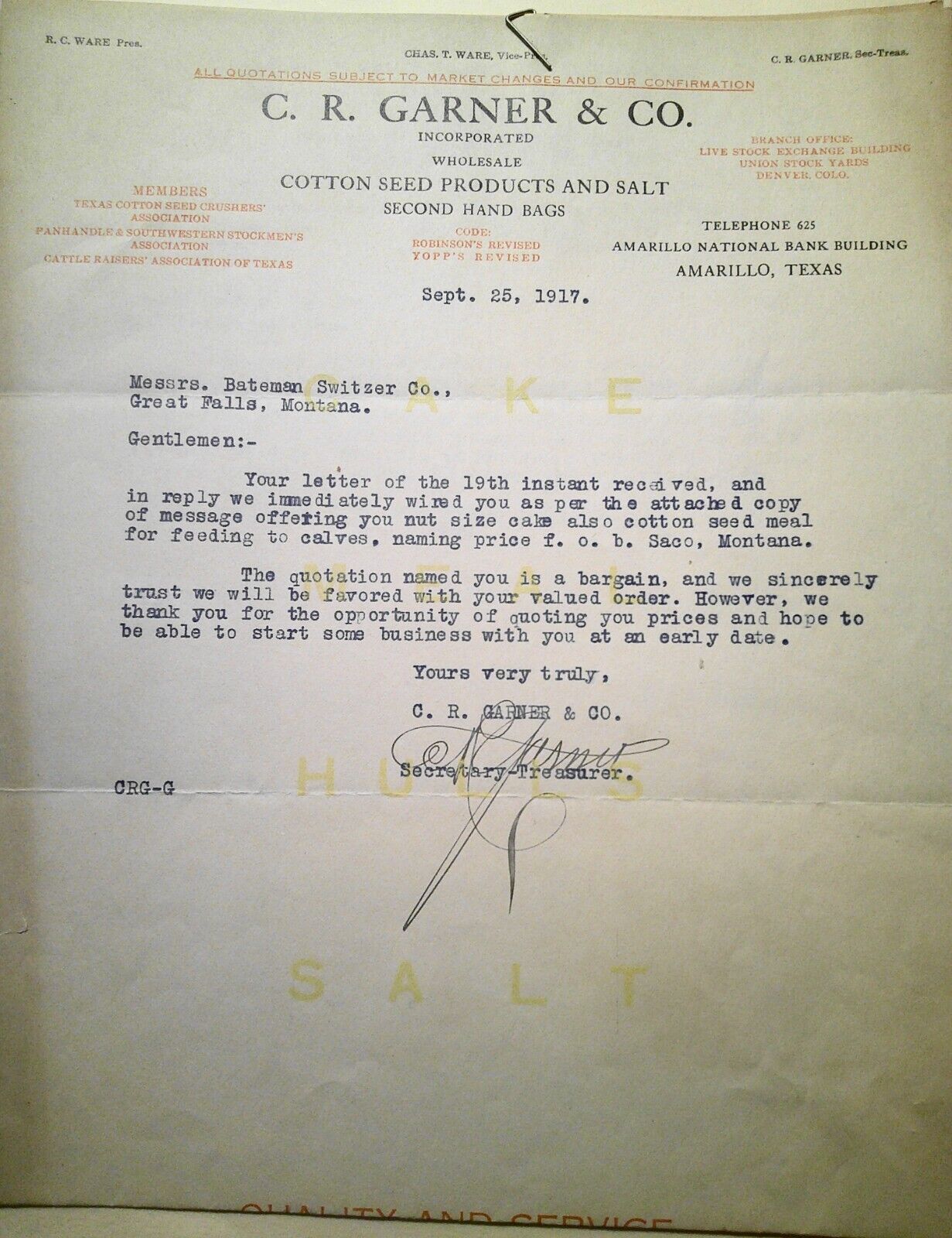 1917 C. R. Garner & Co Amarillo Texas - Wartime quotation with telegram & letter