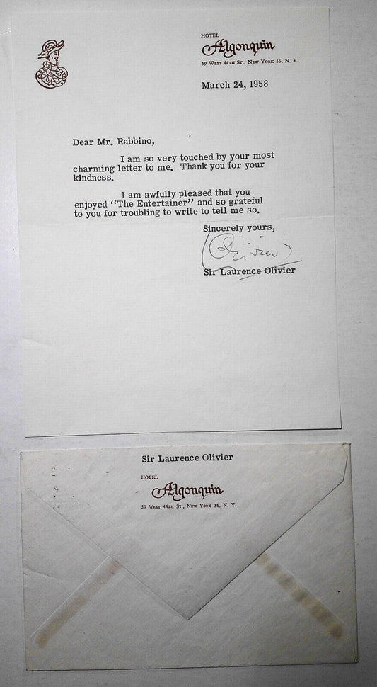 Sir Laurence Olivier Signed letter, 1958, with envelope,  Algonquin Hotel, NYC.