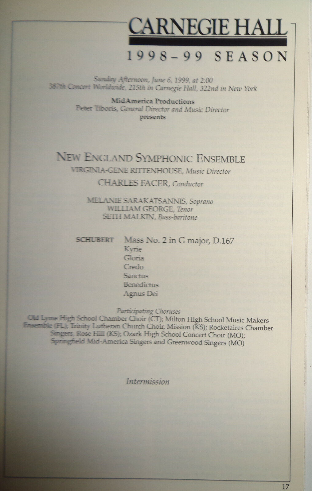 New England Symphonic Ensemble - Carnegie Hall Stagebill - June 6, 1999
