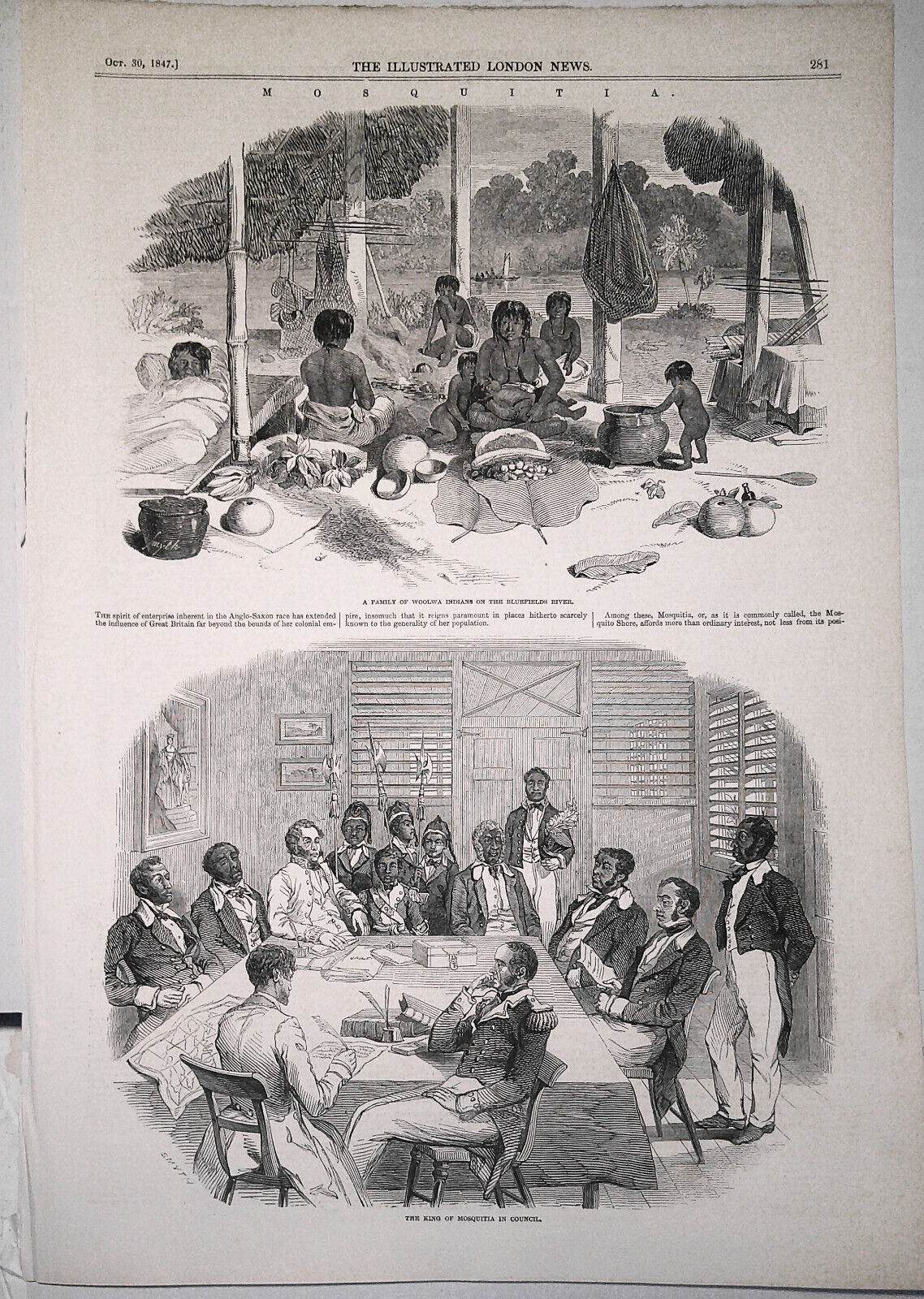 Mosquitia : The King in Council & Woolwa Indians - Illustrated London News 1847.