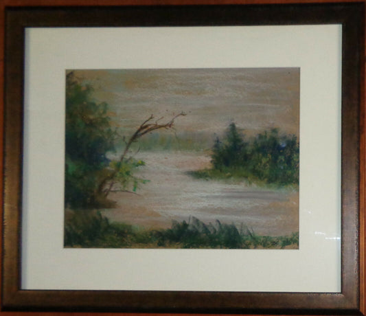 Bo Kass : Landscape with trees  - Signed original crayon drawing, framed
