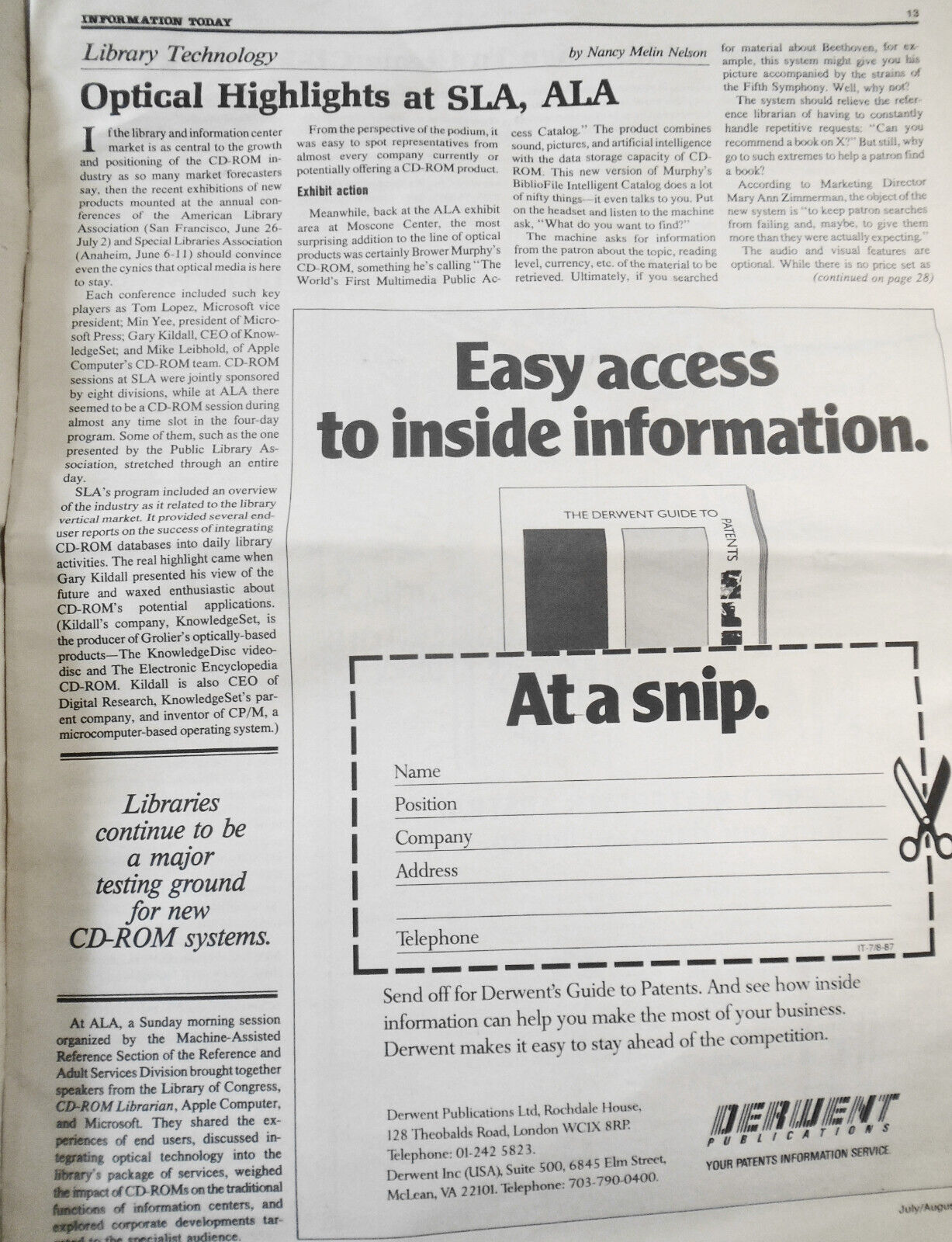 Information Today, July/Aug 1987 - for users of Electronic Information services