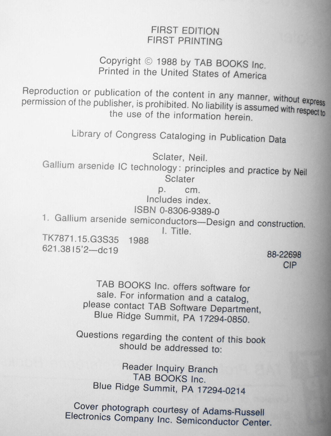 Gallium Arsenide IC Technology, by Neil Sclater - 1988 HC Fine/Fine. 1st edition