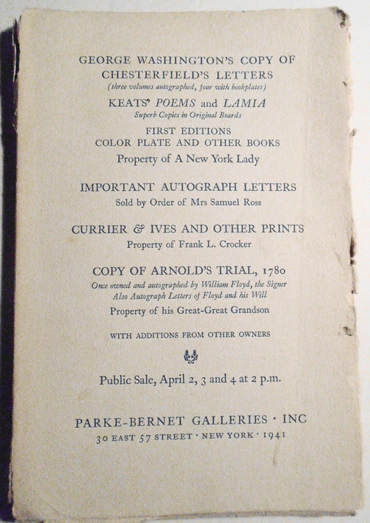 George Washington's Copy Of Chesterfield's Letters. Parke-Bernet 1941