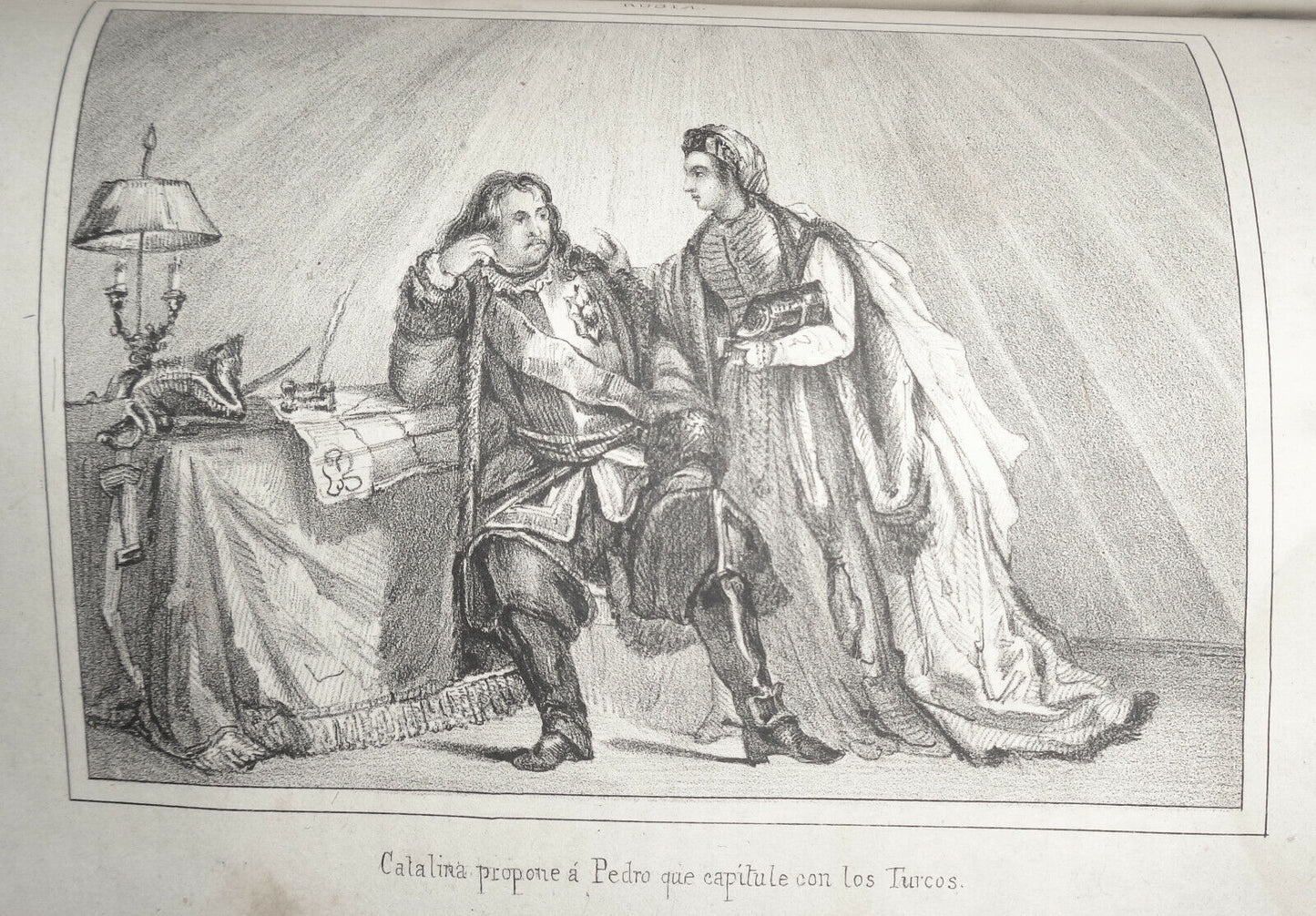 1840 Rusia - Catalina propone a Pedro que capitule con los Turcos - engraving