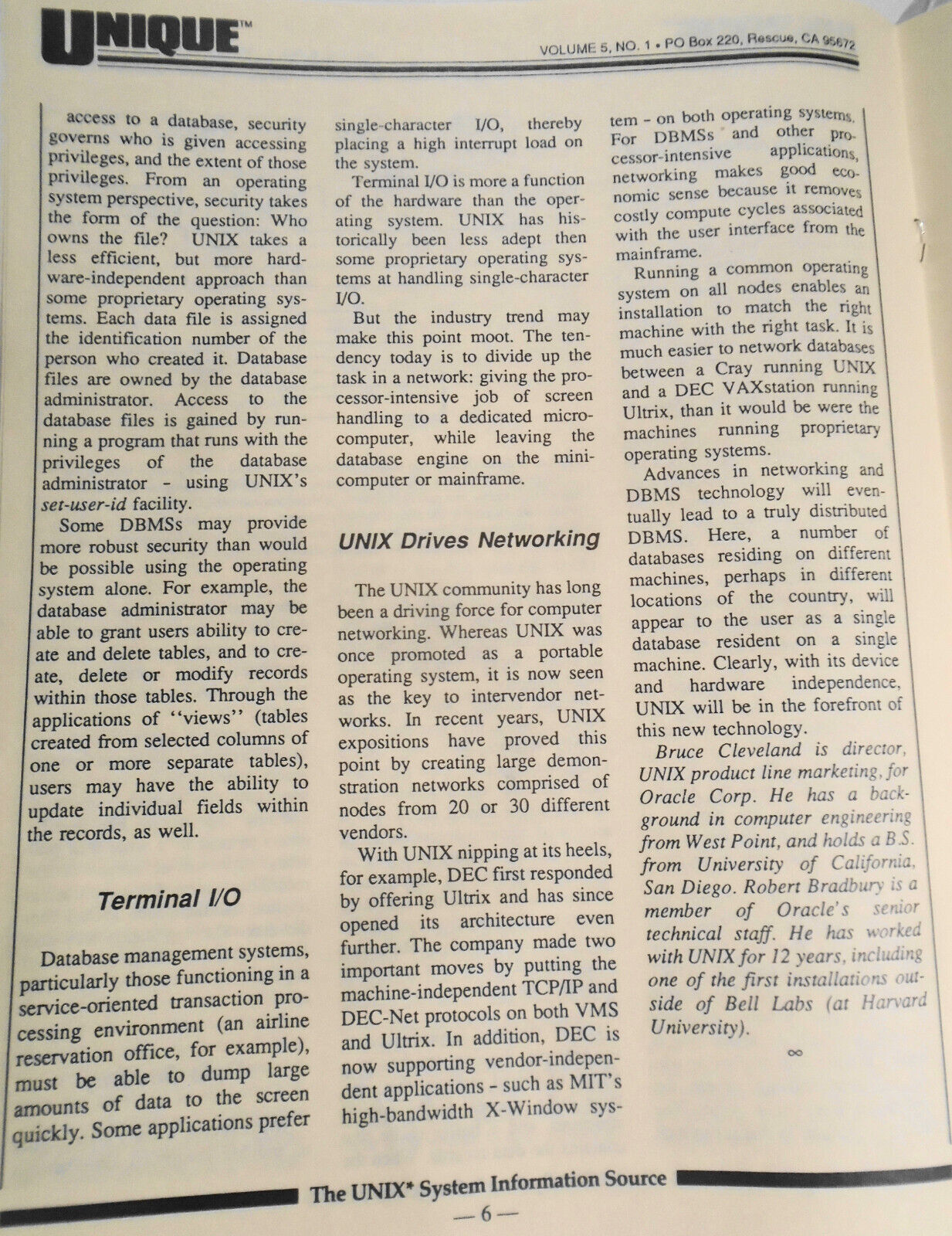 UNIQUE: The UNIX System Information Source  Dec. 1987 - DBMSs Under UNIX, etc.