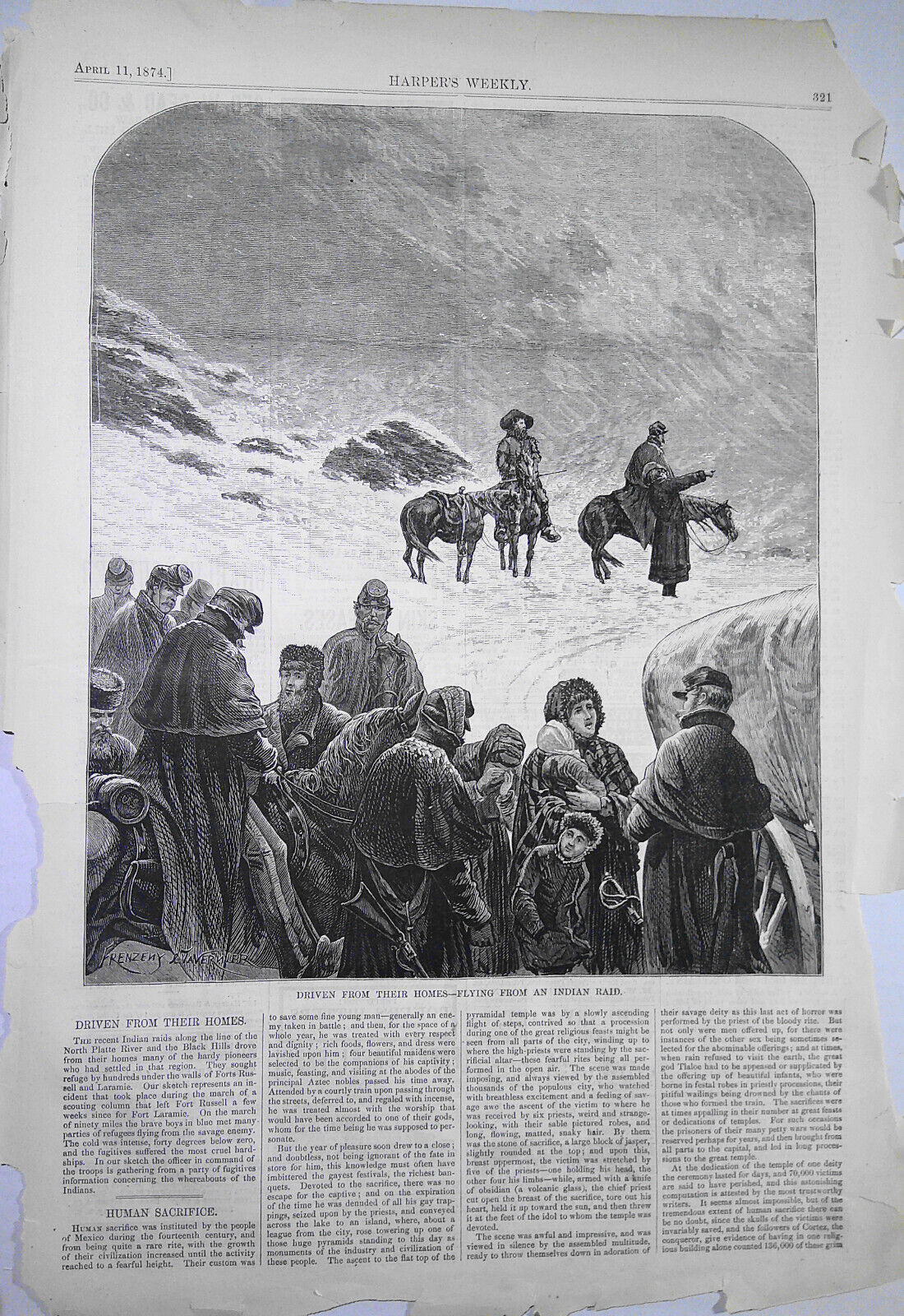 Driven from their homes - flying from an Indian raid. Harper's Weekly, 1874