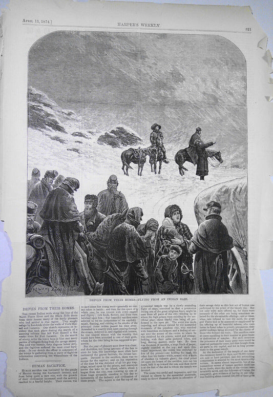 Driven from their homes - flying from an Indian raid. Harper's Weekly, 1874