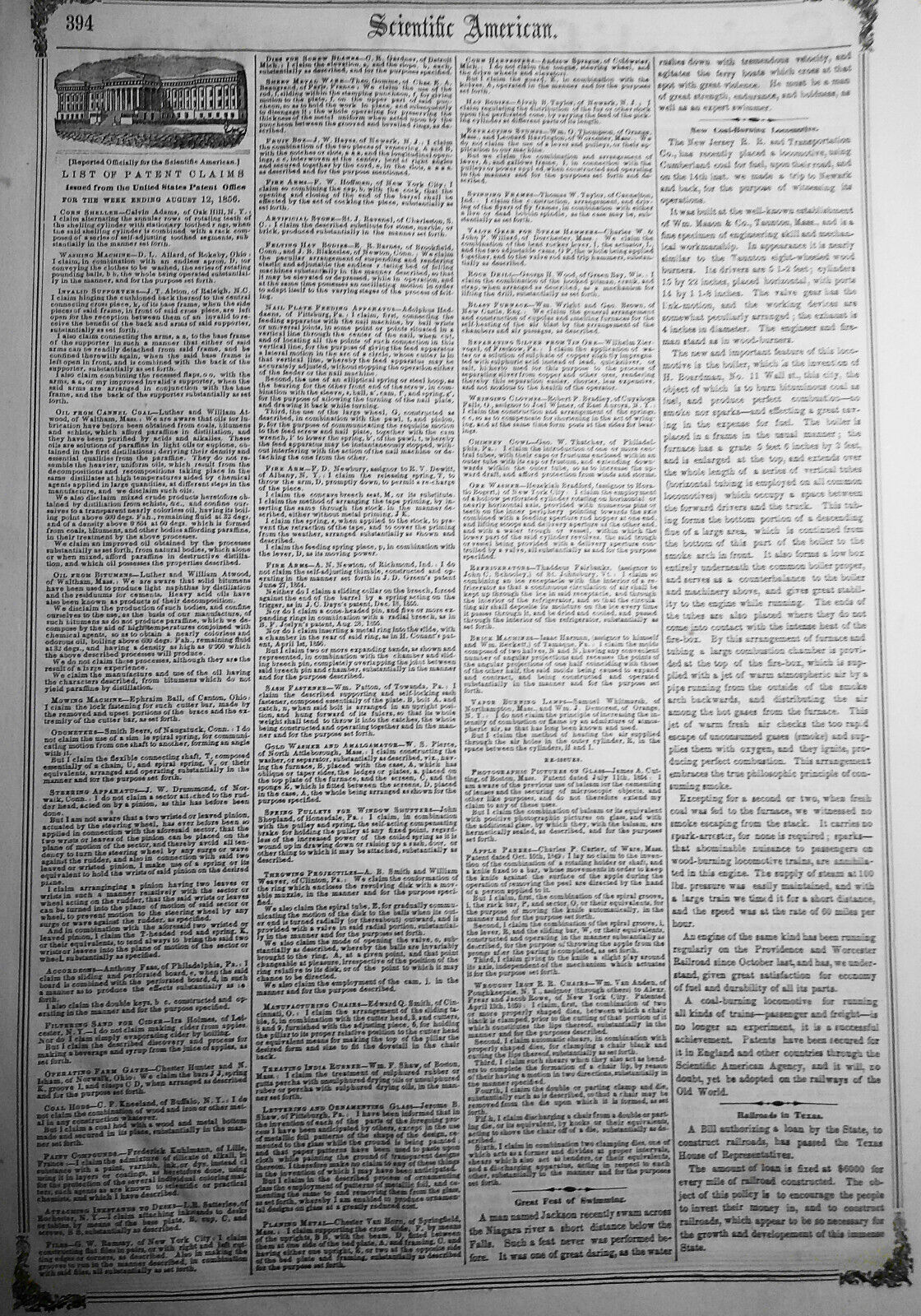 Scientific American, August 23, 1856. Qualifications of Engineers. Patents, etc.