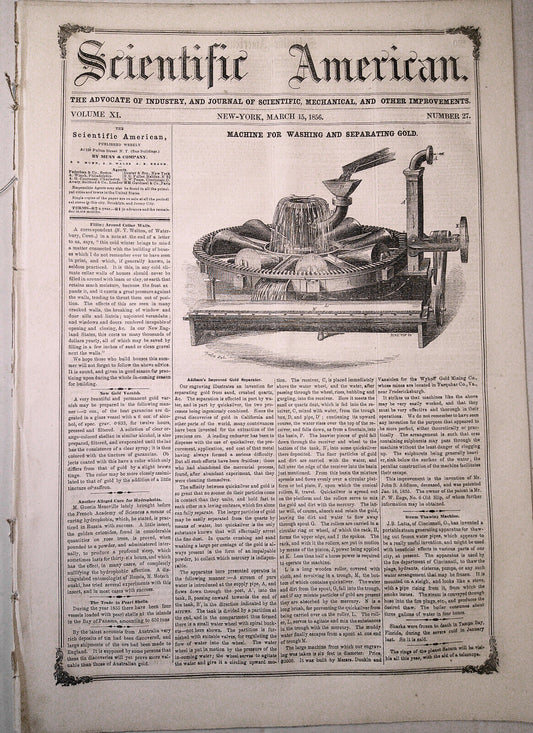 Scientific American, March 15, 1856. Addison's Gold Separator; Gold uses; etc