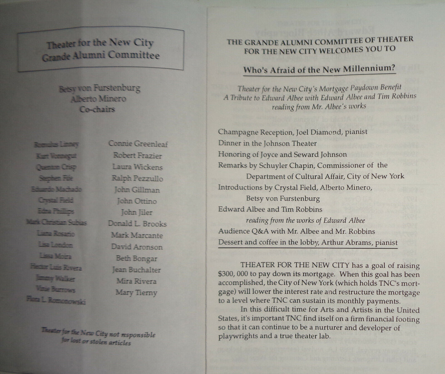 WHO'S AFRAID OF THE NEW MILLENNIUM? EVENING WITH EDWARD ALBEE, TIM ROBBINS  1999