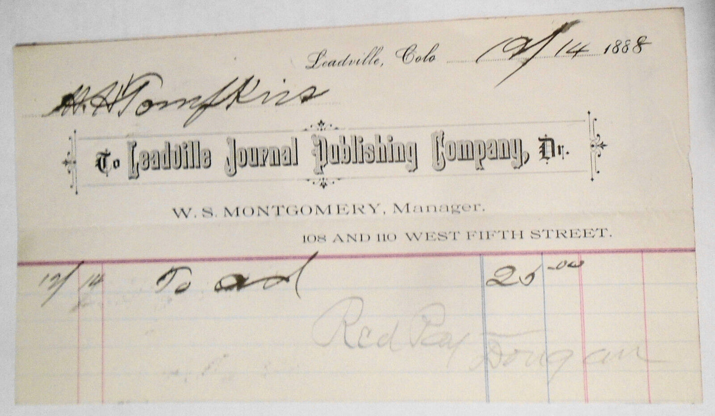 1888 Billhead receipt,  Leadville Journal Publishing Co., Colorado
