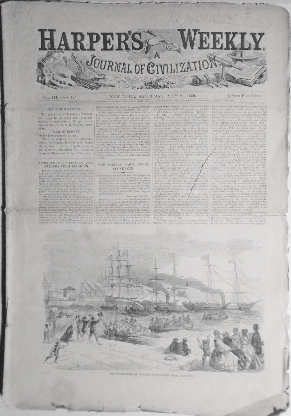 Harper's Weekly May 21, 1859 Crisis In Italy; Dickens; Sardinian Fortifications