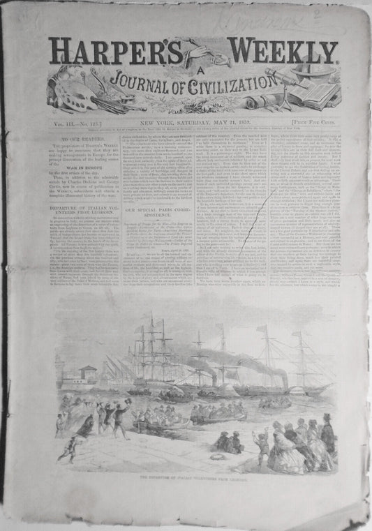 Harper's Weekly May 21, 1859 Crisis In Italy; Dickens; Sardinian Fortifications