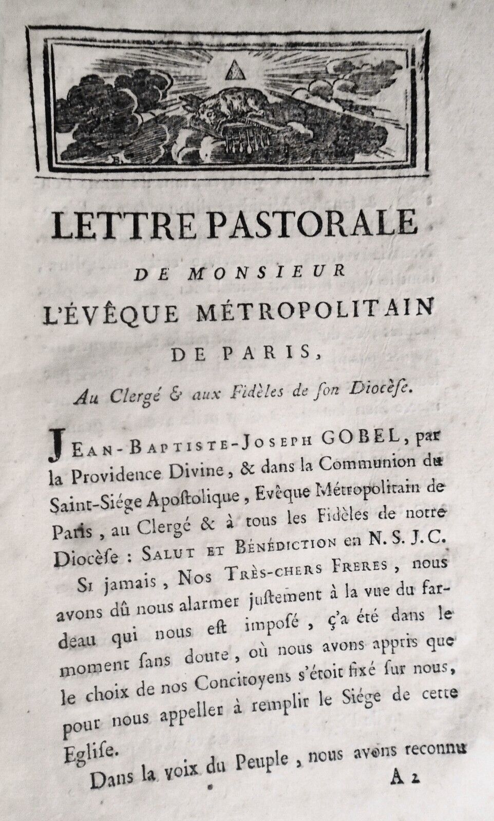 1791 Lettre pastorale de monsieur l'évêque métropolitain de Paris J-B J Gobel