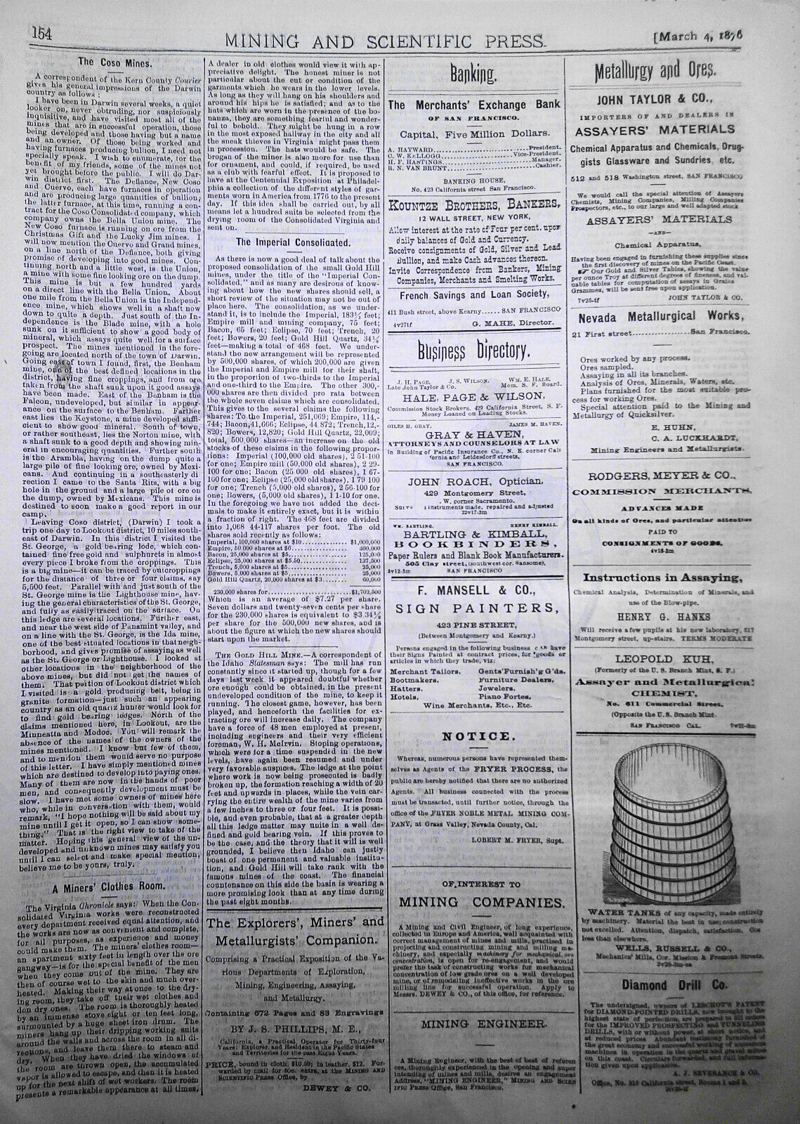 Mining and Scientific Press, March 4, 1876. Bonanza Mines; Bigelow Engine; etc